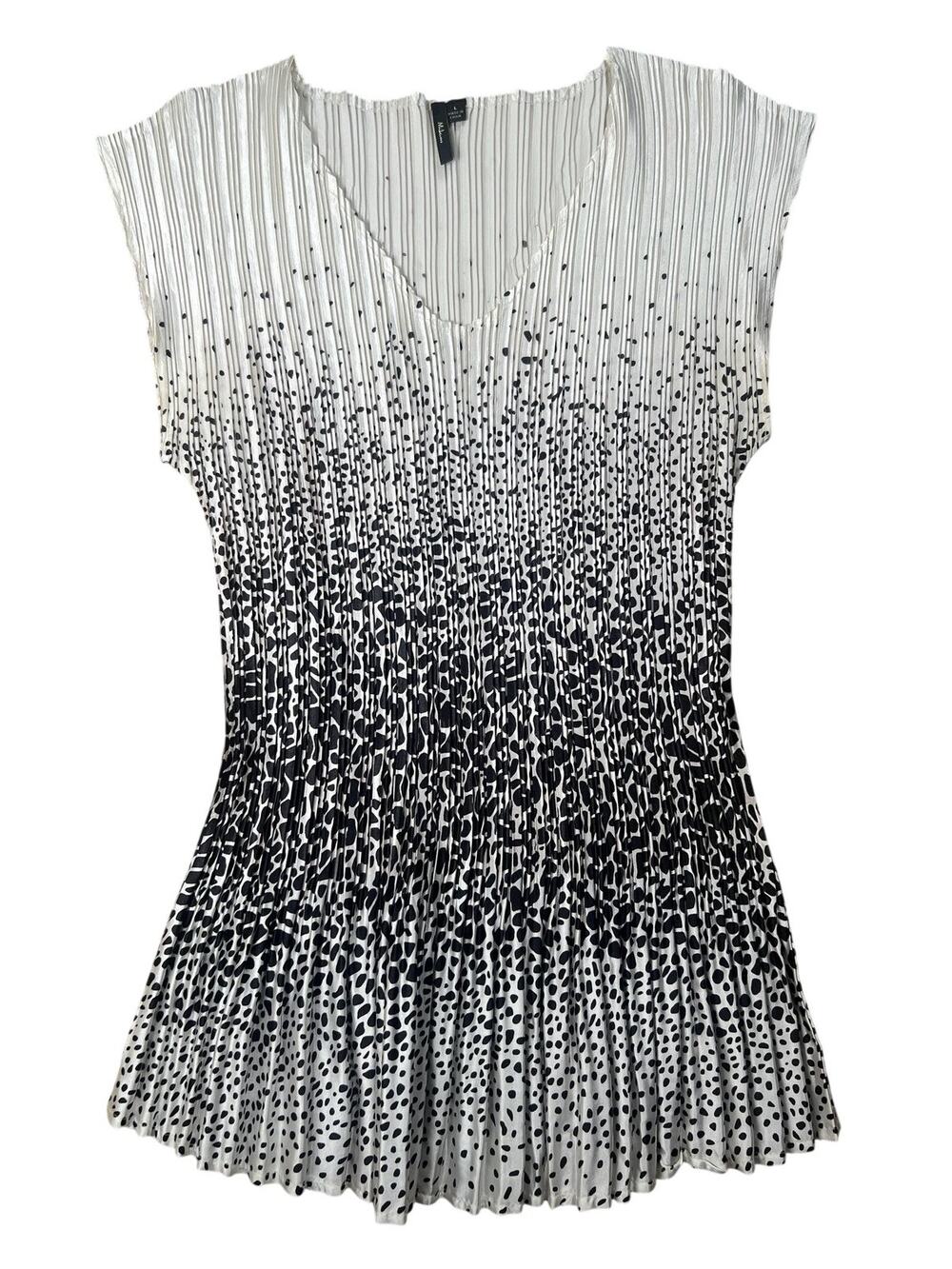 Tunic Womens L White V-Neck Cap Sleeve Pleated Polka Dot Chiffon Lined